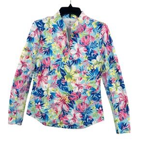 Emerald 18 Quarter Zip Pullover Womens M Blue Tropical Floral Mesh Inset